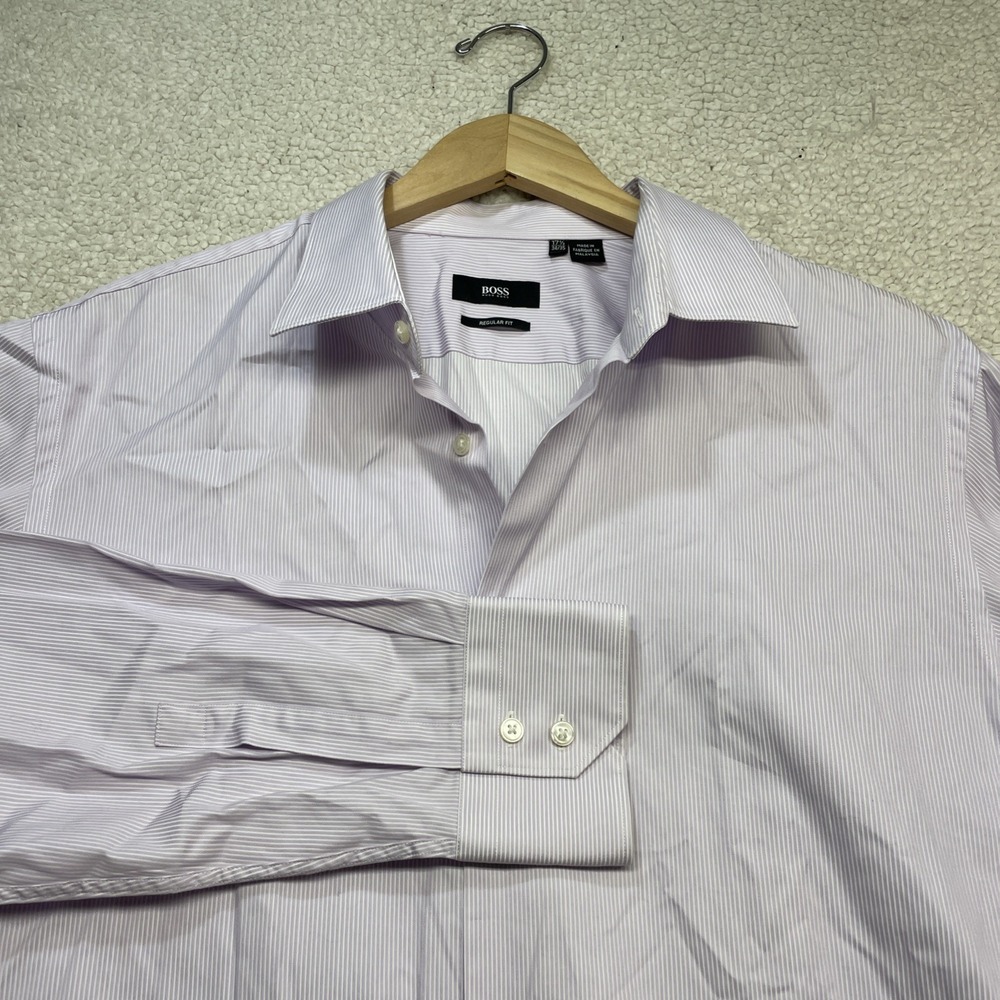 HUGO BOSS Dress Shirt Men 17.5 34/35 Purple White Stripe Regular Fit Button Down
